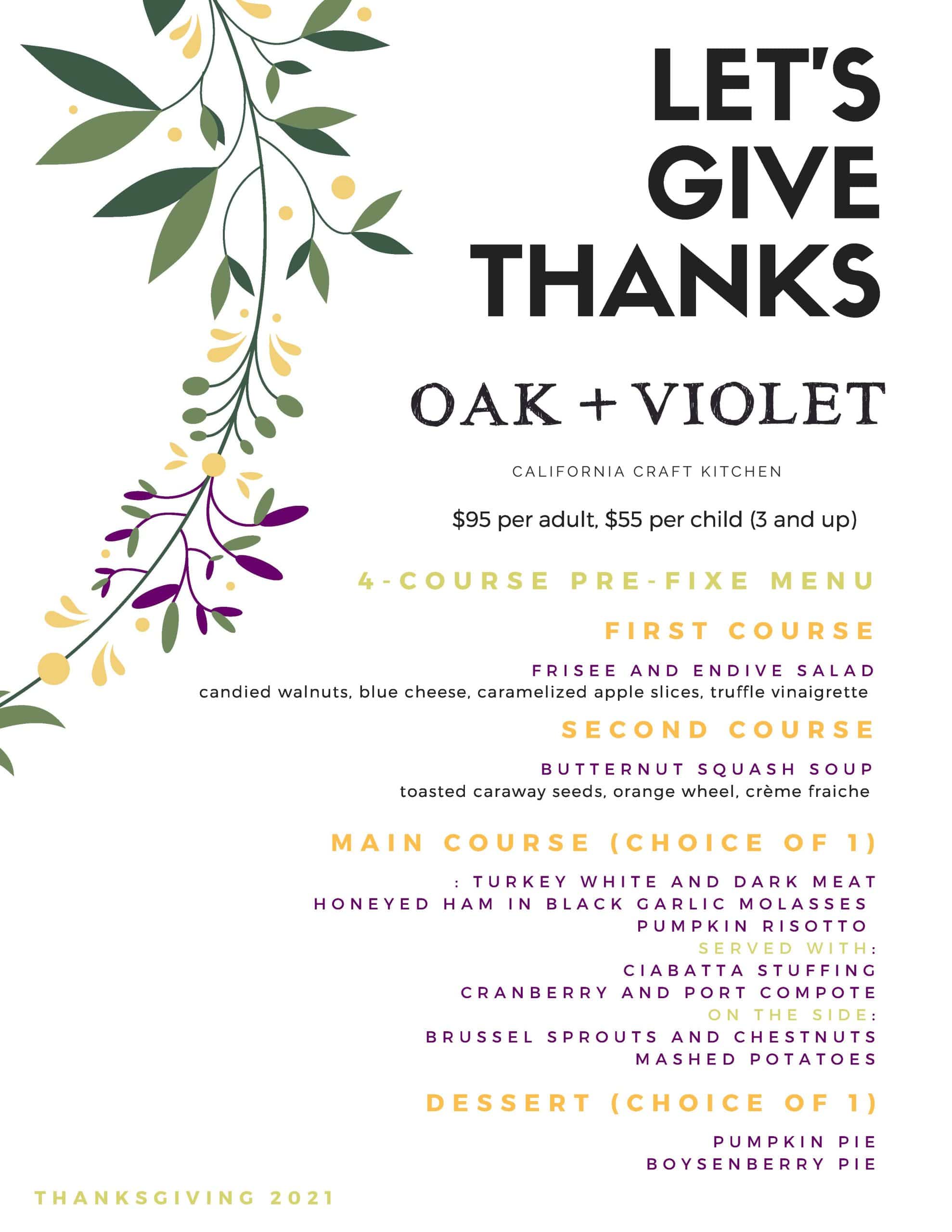 Oak + Violet Thanksgiving menu